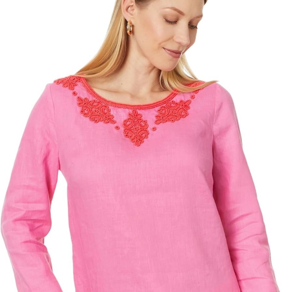 NWT Lilly Pulitzer Women's Elyn Beaded 3/4 Sleeve Linen Top